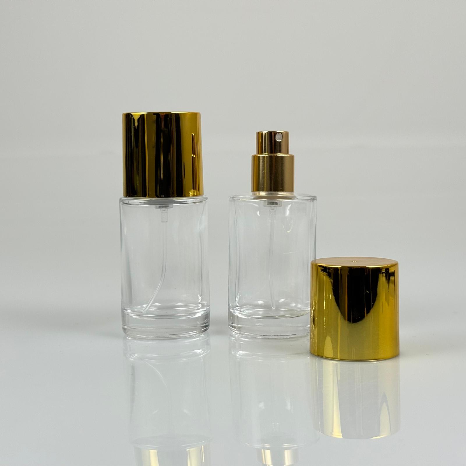 30 ML ЦИЛИНДРИЧЕН МОДЕЛ БУТИЛКА ЗА ПАРФЮМ SAVAGE - ЗЛАТЕН МЕТАЛЕН СПРЕЙ + ЗЛАТНА ШИРОКА КАПАЧКА (15 ММ УСТИЕ, ЛЕСНО ЗАТВАРЯНЕ С Щракване)