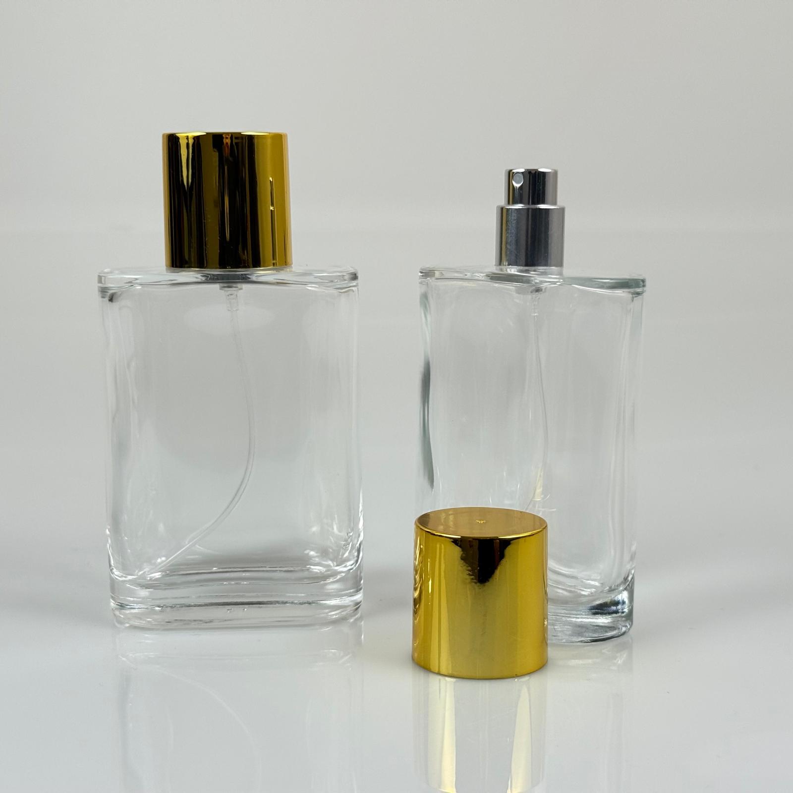 100 ML ПЛОСЪК МОДЕЛ CEO ПАРФЮМНА БУТИЛКА + СРЕБЪРЕН МЕТАЛЕН СПРЕЙ + ЗЛАТНА ШИРОКА КАПАЧКА (15 ММ УСТИЕ, ЛЕСНО ЗАТВАРЯНЕ С Щракване)