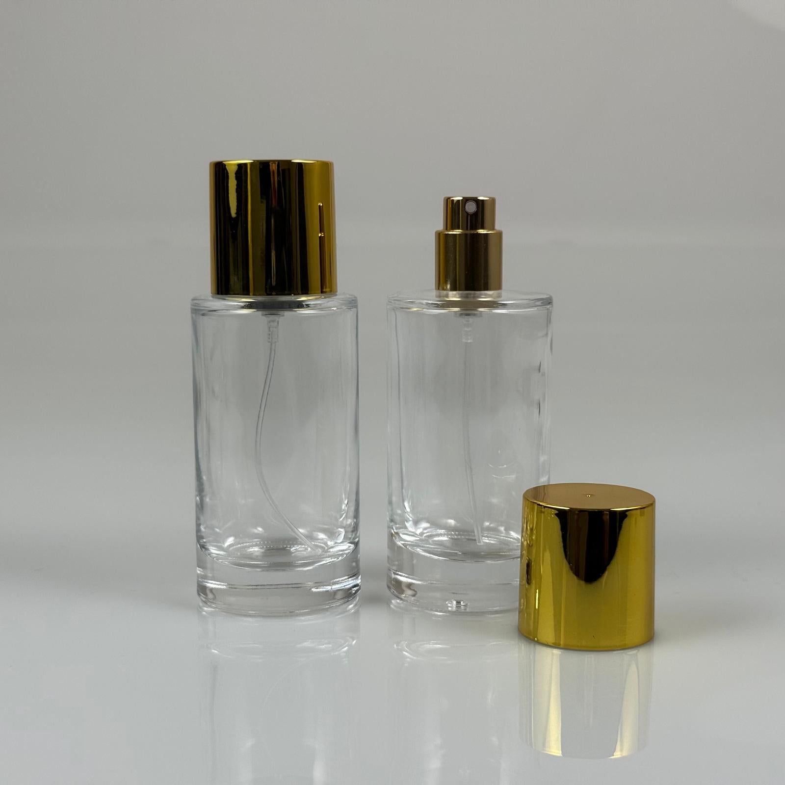 50 ML ЦИЛИНДРИЧЕН МОДЕЛ ЗА ПАРФЮМ MARS - ЗЛАТЕН МЕТАЛЕН СПРЕЙ + ЗЛАТНА ШИРОКА КАПАЧКА (15 MM УСТИЕ, ЛЕСНО ЗАТВАРЯНЕ С Щракване)