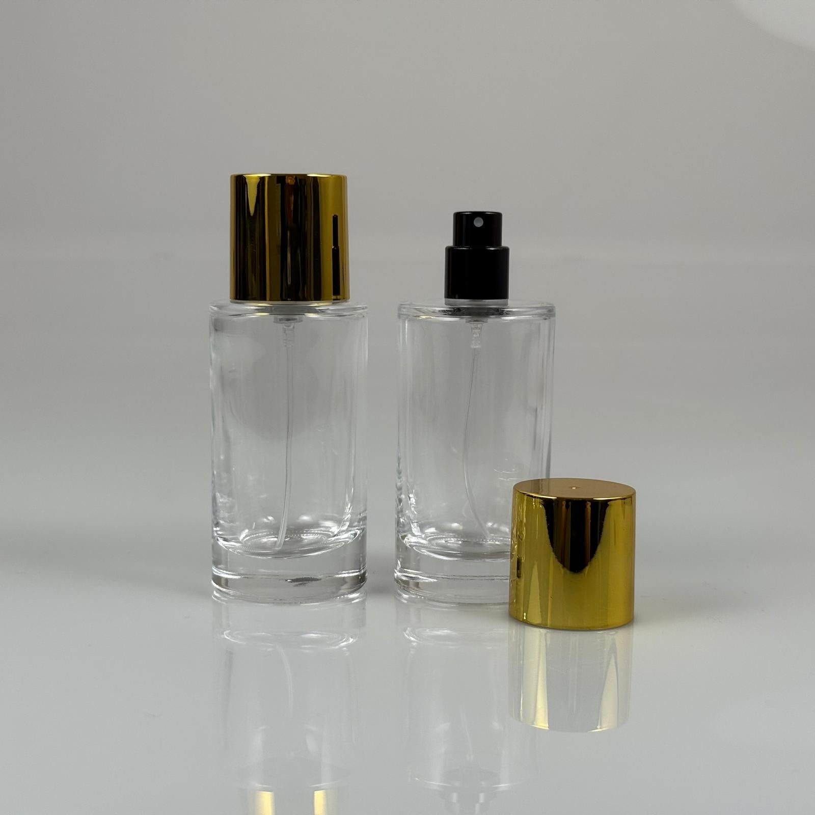 50 ML ЦИЛИНДРИЧЕН МОДЕЛ ЗА ПАРФЮМ MARS - ЧЕРЕН МЕТАЛЕН СПРЕЙ + ЗЛАТНА ШИРОКА КАПАЧКА (15 MM УСТИЕ, ЛЕСНО ЗАТВАРЯНЕ С Щракване)