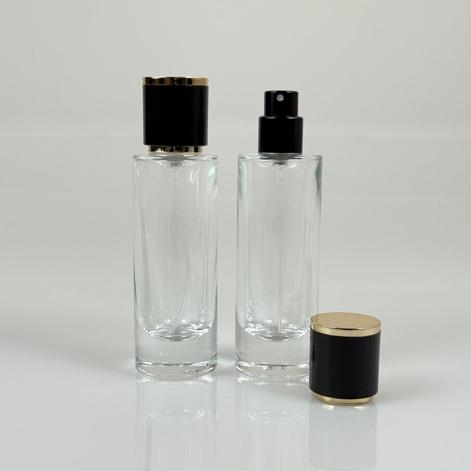 30 ML ЦИЛИНДРИЧЕН ДЪЛЪГ МОДЕЛ ФЛАКОН ЗА ПАРФЮМ - ЧЕРЕН МЕТАЛЕН СПРЕЙ + ЗЛАТНО ЧЕРНА КАПАЧКА (15 ММ УСТИЯ, ЛЕСНО ЗАТВАРЯНЕ С Щракване)