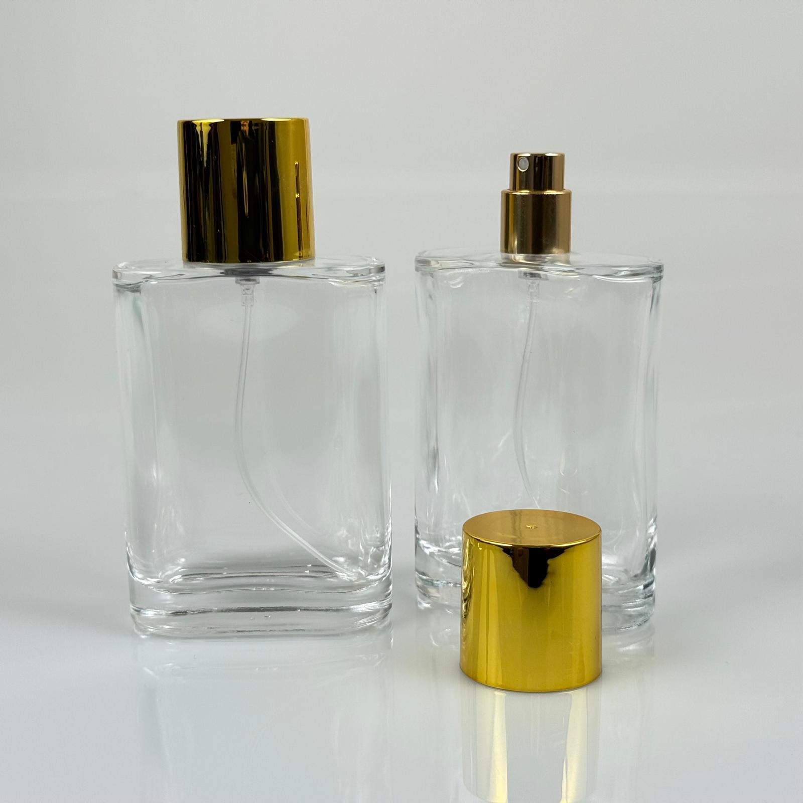 100 ML ПЛОСЪК МОДЕЛ CEO ПАРФЮМНА БУТИЛКА + ЗЛАТЕН МЕТАЛЕН СПРЕЙ + ЗЛАТНА ШИРОКА КАПАЧКА (15 ММ УСТИЯ, ЛЕСНО ЗАТВАРЯНЕ С Щракване)