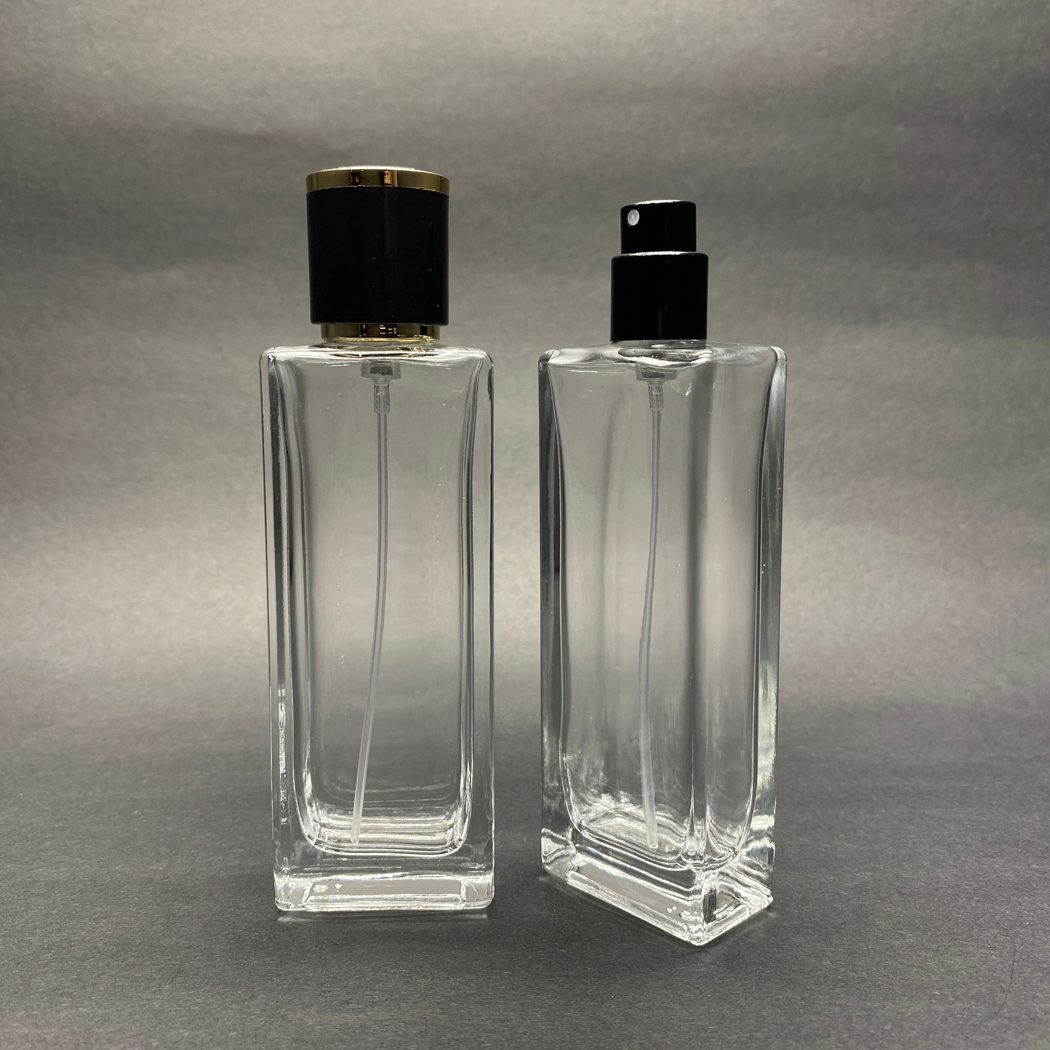 50 ML ПРАВОЪГЪЛЕН МОДЕЛ FORTUNE TALL БУТИЛКА ЗА ПАРФЮМ - ЧЕРЕН МЕТАЛЕН СПРЕЙ + ЗЛАТНО ЧЕРНА КАПАЧКА (15 MM УСТИЕ, ЛЕСНО ЗАТВАРЯНЕ С Щракване)