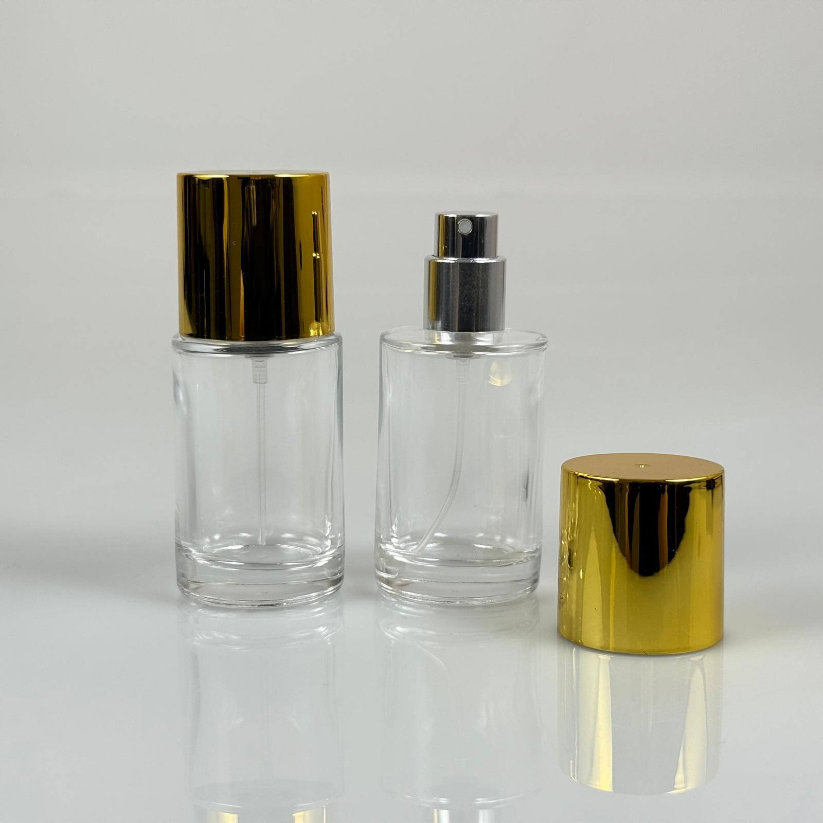 30 ML ЦИЛИНДРИЧЕН МОДЕЛ БУТИЛКА ЗА ПАРФЮМ SAVAGE - СРЕБЪРЕН МЕТАЛЕН СПРЕЙ + ЗЛАТНА ШИРОКА КАПАЧКА (15 ММ УСТИЕ, ЛЕСНО ЗАТВАРЯНЕ С Щракване)