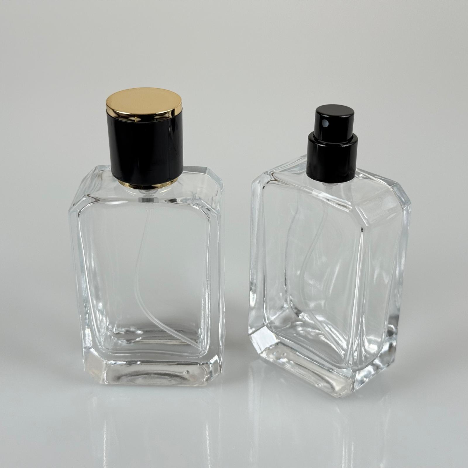 50 ML ФЛАКОН ЗА ПАРФЮМ ANGEL, КВАДРАТЕН МОДЕЛ - ЧЕРЕН МЕТАЛЕН СПРЕЙ + ЗЛАТНА/ЧЕРНА КАПАЧКА (15 ММ УСТИЕ, ЛЕСНО ЗАТВАРЯНЕ С Щракване)