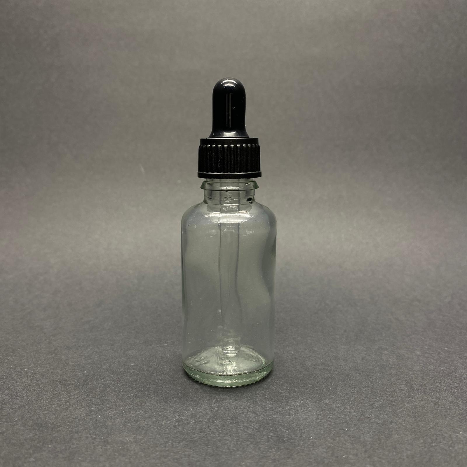 Черна стъклена капкова бутилка 30мл - черно накрайниче, черна пластмасова капачка
