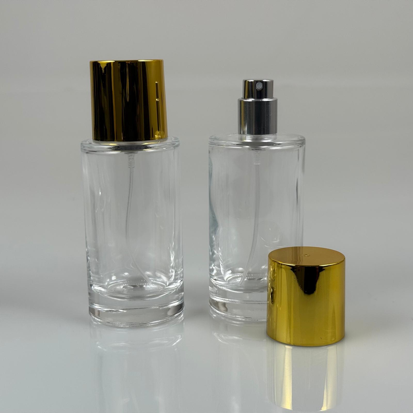 50 ML ЦИЛИНДРИЧЕН МОДЕЛ MARS ПАРФЮМНА БУТИЛКА - СРЕБРИСТ МЕТАЛЕН СПРЕЙ + ЗЛАТНА ШИРОКА КАПАЧКА (15 MM УСТИЕ, ЛЕСНО ЗАТВАРЯНЕ С Щракване)