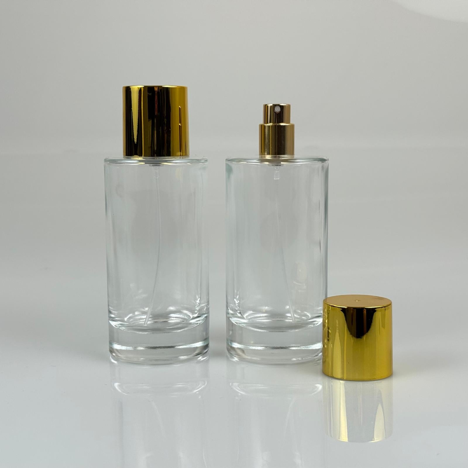 100 ML ЦИЛИНДРИЧЕН МОДЕЛ БУТИЛКА ЗА ПАРФЮМ SAVAGE - ЗЛАТЕН МЕТАЛЕН СПРЕЙ + ЗЛАТНА ШИРОКА КАПАЧКА (15 ММ УСТИЕ, ЛЕСНО ЗАТВАРЯНЕ С Щракване)