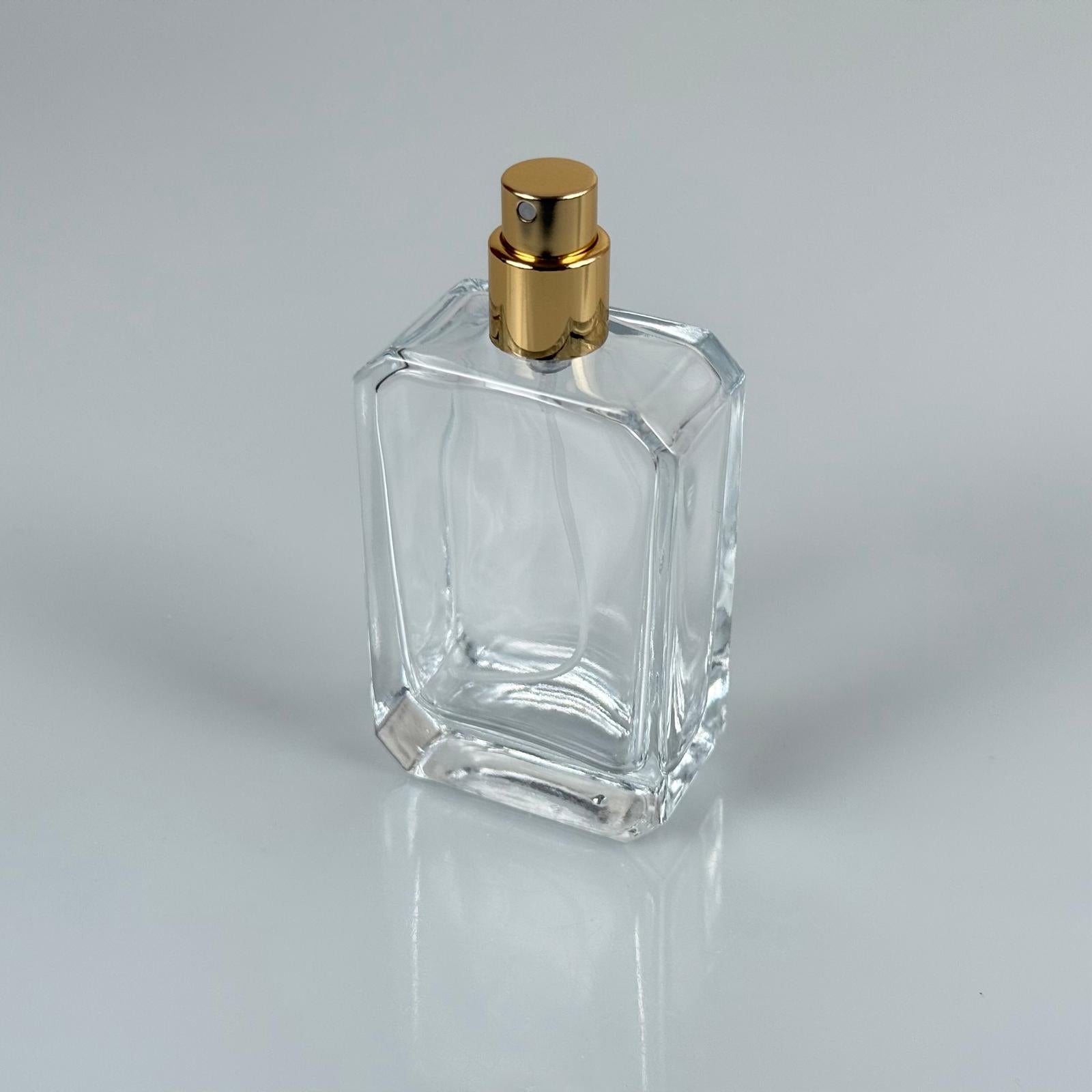 50 ML ФЛАКОН ЗА ПАРФЮМ ANGEL, КВАДРАТЕН МОДЕЛ - ЗЛАТЕН МЕТАЛЕН СПРЕЙ (15 ММ УСТИЕ, ЛЕСНО ЗАТВАРЯНЕ С Щракване)