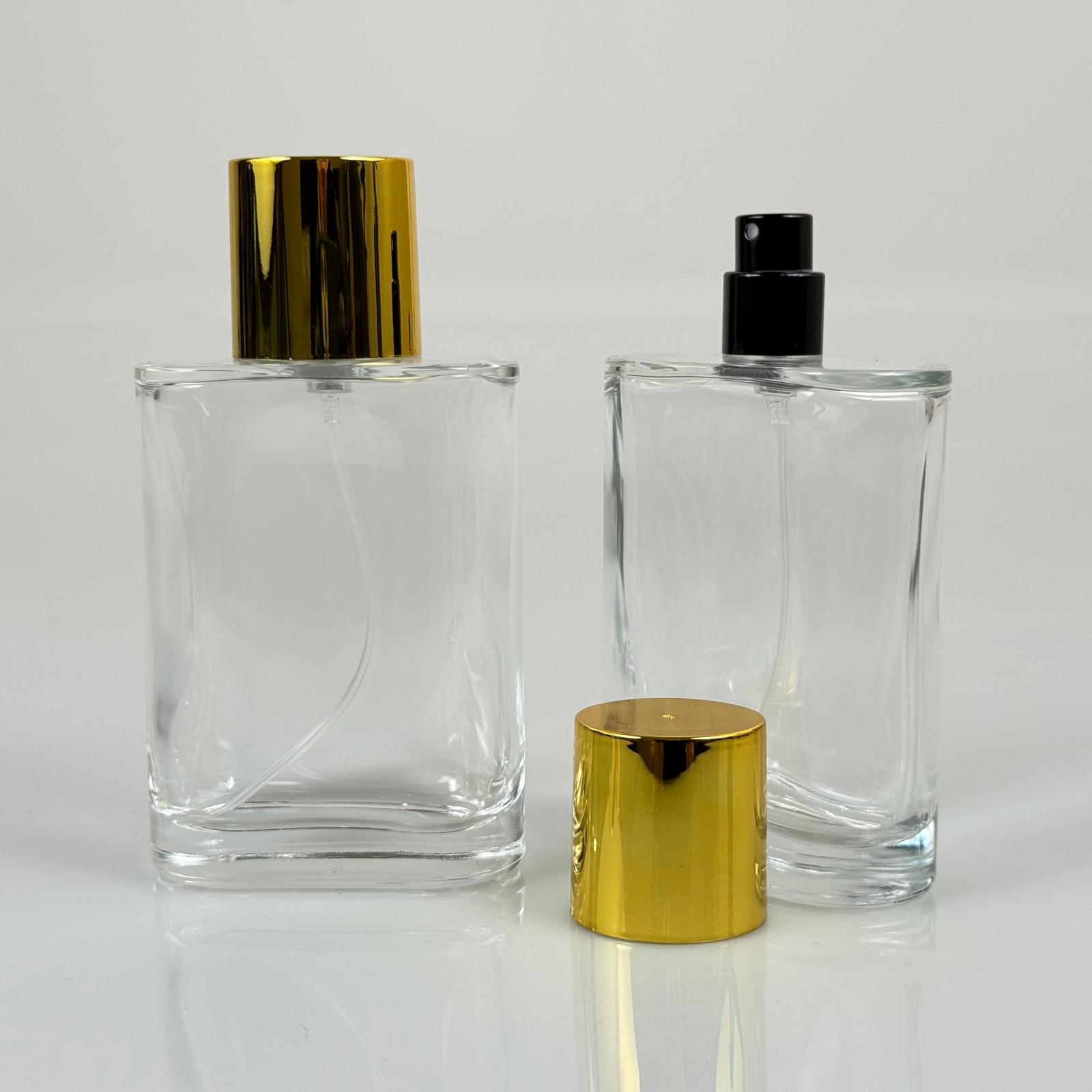 100 ML ПЛОСЪК МОДЕЛ CEO ПАРФЮМНА БУТИЛКА + ЧЕРЕН МЕТАЛЕН СПРЕЙ + ЗЛАТНА ШИРОКА КАПАЧКА (15 MM УСТИЕ, ЛЕСНО ЗАТВАРЯНЕ С Щракване)