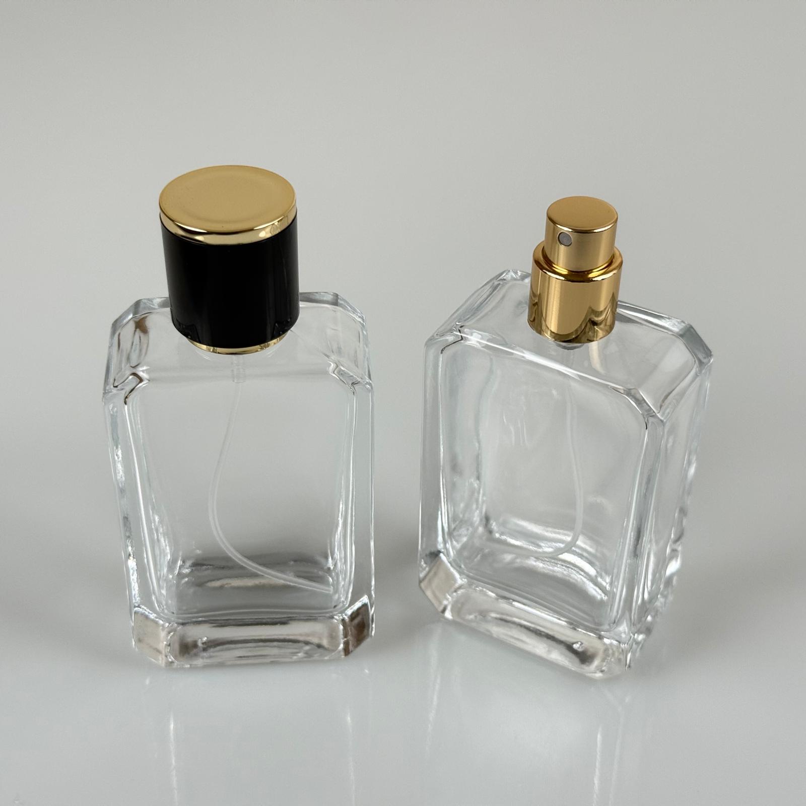 50 ML ФЛАКОН ЗА ПАРФЮМ ANGEL, КВАДРАТЕН МОДЕЛ - ЗЛАТЕН МЕТАЛЕН СПРЕЙ + ЗЛАТНО ЧЕРНА КАПАЧКА (15 ММ УСТИЕ, ЛЕСНО ЗАТВАРЯНЕ С Щракване)