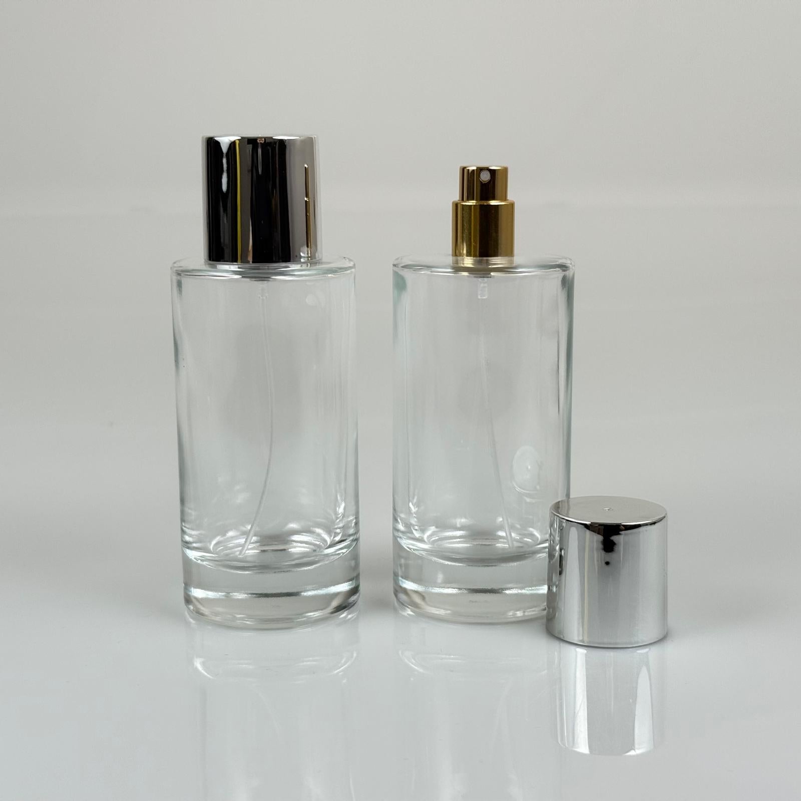 100 ML ЦИЛИНДРИЧЕН МОДЕЛ SAVAGE ПАРФЮМНА БУТИЛКА - ЗЛАТЕН МЕТАЛЕН СПРЕЙ + СРЕБРИСТА ШИРОКА КАПАЧКА (15 ММ УСТИЕ, ЛЕСНО ЗАТВАРЯНЕ С Щракване)