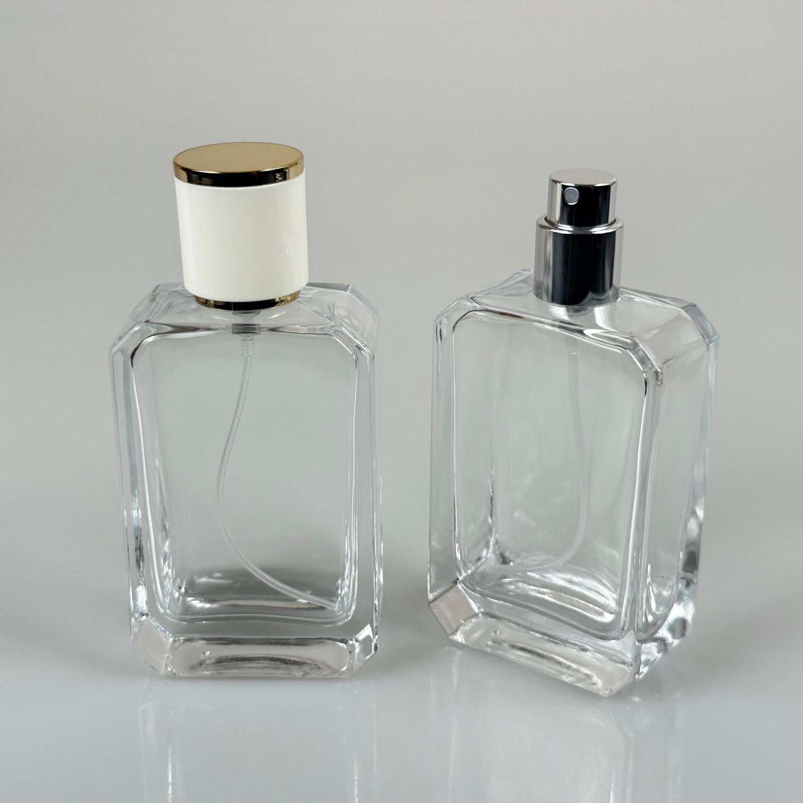 50 ML ФЛАКОН ЗА ПАРФЮМ ANGEL, КВАДРАТЕН МОДЕЛ - СРЕБРИСТ МЕТАЛЕН СПРЕЙ + ЗЛАТНО БЯЛА КАПАЧКА (15 ММ УСТИЕ, ЛЕСНО ЗАТВАРЯНЕ С Щракване)
