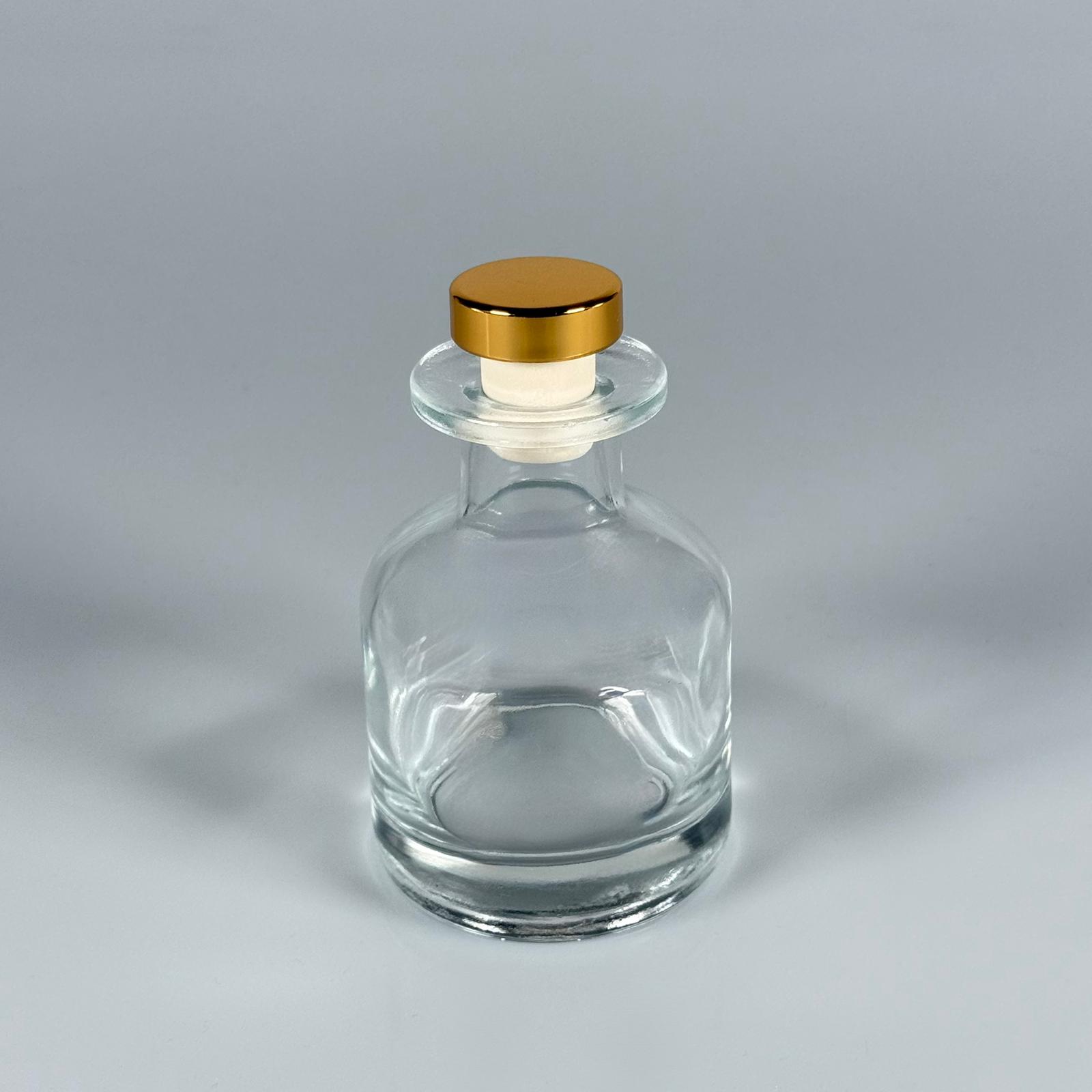 150 CC прозрачна цилиндрична бамбукова стъклена бутилка за есенция - 150 ml бутилка за аромат, есенция, парфюмерия - Комплект със златна коркова запушалка